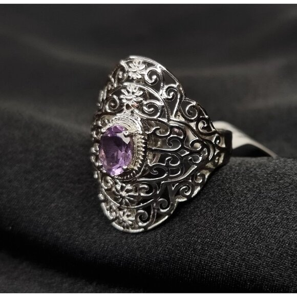 Sterling Silver 925 Filigree Ring With Oval Amethyst Gemstone Size 9.5 Artisan - Picture 2 of 4